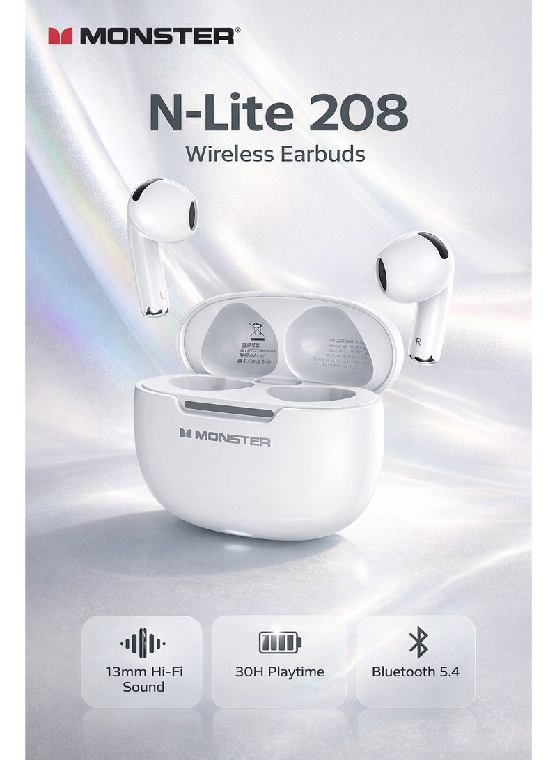 Monster سماعات أذن لاسلكية N-Lite 208 بلوتوث 5.4 مع ميكروفون مدمج، سماعات أذن بلوتوث مع تحكم باللمس، سماعات بلوتوث لاسلكية مع 30 ساعة من وقت التشغيل، شحن سريع من نوع-C، مكالمات واضحة للجري والتمارين الرياضية - Image 1